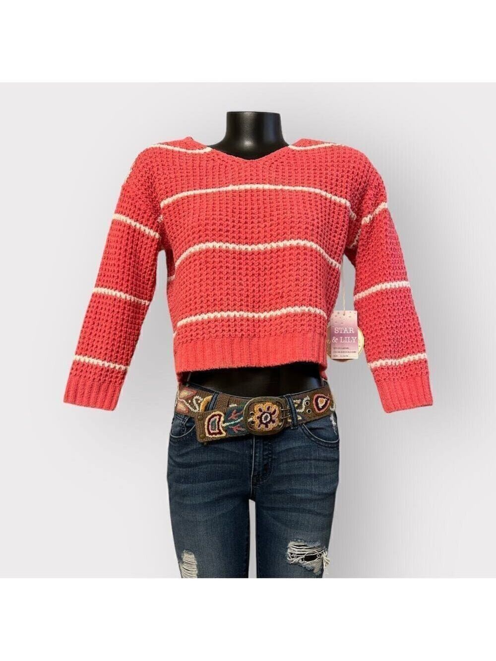 Cropped Chunky Knit Sweater Girls sz XL 14/16 3/4 Sleeve Womens XS S Coral White